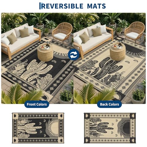 Garvee Waterproof Outdoor Rug 5x8, Cactus Botanical Outdoor Plastic Straw Rug for Camping, Reversible RV Mat Outside, Indoor Outdoor Carpet for Porch, Deck, Backyard, Balcony, Picnic, Black & Brown - color: Black & Brown-cactus, size: 5' x 8' (Rectangular