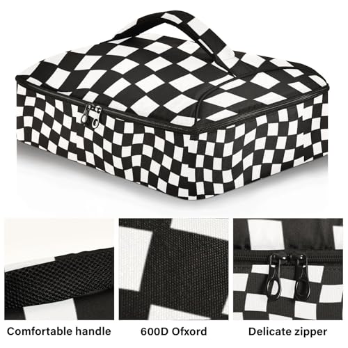 Black and White Checkered Casserole Dish Carrier, Insulated Food Tote Bag for Hot or Cold Dishes, Portable Storage Case for Potluck Picnic Camping Party