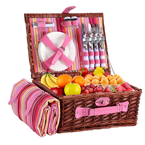 Wicker Picnic Basket for 4 with Waterproof Picnic Blanket and Insulated Cooler, Willow Hamper for Camping, Outdoors, Photoshoot, or a Birthday, Valentine’s Day, Wedding Gift, Pink - color: Pink Stripe