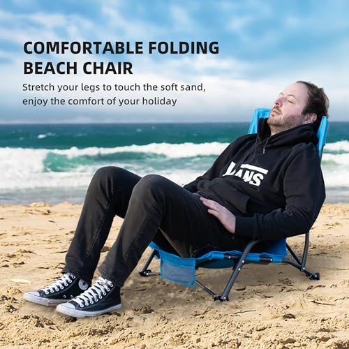 Portable Folding Beach Chair for Adults - Lightweight Low Back Sling Chair with Cup Holder & Storage Pocket, 300lbs Capacity Camping Chair for Outdoor, Lawn, Concert, Travel (Blue) - color: Blue, size: 1 pcs