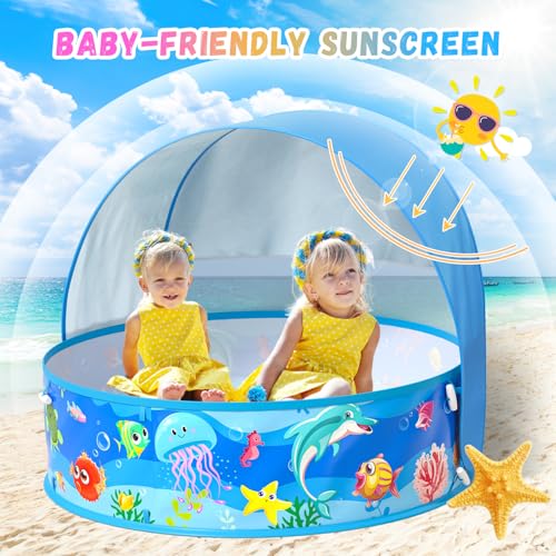 Baby Beach Tent, Pop-Up Above Ground Pool, Foldable Kiddie Pool with Sun Shelter Canopy for Ages 9-48 Months, Toddler Wading Pool, Portable Water Play Sum Toys for Outdoor Activity - color: Blue-1