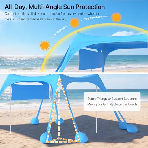 Suteck Beach Tent Sun Shelter with Sidewall, Easy Set Up 10x10ft Beach Canopy, Outdoor Sun Shade with UPF 50+UV Protection, 8 Sandbags, 4 Stability Poles for Camping, Fishing or Picnics(Sky Blue) - color: Sky Blue