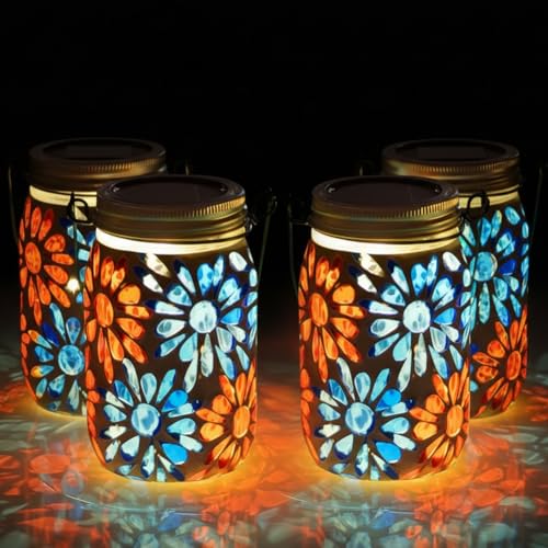 Starsoul 4 Pack Solar Lanterns Outdoor Waterproof, Mosaic Flowers Glass Solar Hanging Outdoor Lights, Decorative Solar Lantern for Outside Pathway Patio Porch Yard Decor - color: Flowers-4PC