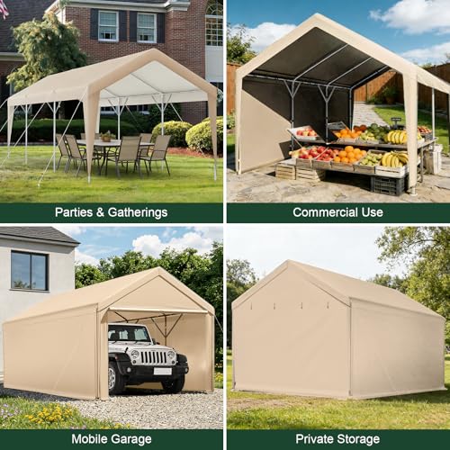 Carport, 10x20ft Heavy Duty Car Port, Portable Garage with Steel Frame, Carports Canopy Storage Shed Party Tent with Waterproof Tarp for Car Boat Truck (Beige) - color: Beige
