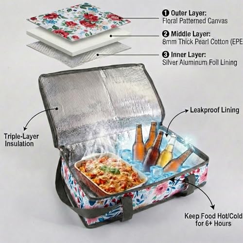 Floral Casserole Carrier for 9x13 Baking Dish, Insulated Lasagna Lugger Tote, Leakproof Thermal Food Warmer Bag for Potluck, Picnic, Travel - Farmhouse Vintage Style, Mom Gifts - color: Floral#5