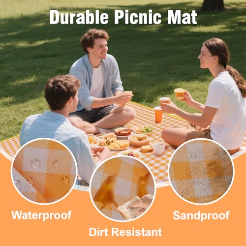 JEPELUS Outdoor Picnic Blanket Waterproof, 79 x 79 Inch Large Picnic Mat Oxford Fabric, Gingham Foldable Beach Blankets Mats for Camping Park Grass Lawn Hiking Family Concerts (Yellow)