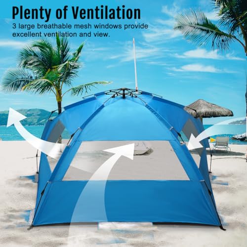 WhiteFang Deluxe Pop Up Beach Tent Sun Shade Shelter for 3-4/5-6 Person, UV Protection, Extendable Floor with 3 Ventilating Windows Plus Carrying Bag, Stakes, and Guy Lines - color: Solid Blue, size: Xx-large