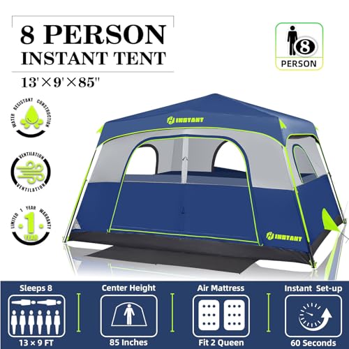 4/6/8/10 Person Instant Tent, Waterproof Pop Up Tents for Camping with Rainfly, 60 Seconds Easy Setup, Automatic Cabin Tent for Family Camping with Expandable Carry Bag & Upgraded Ventilation - color: Blue, size: 8 Person