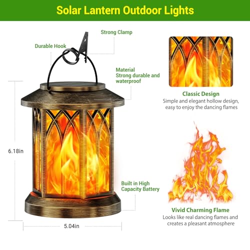KOOPER 2 Pack Solar Lanterns Outdoor Waterproof, Upgraded Flickering Flame Solar Lantern Lights, Auto On/Off Lanterns Decorative Outdoor, Outdoor Hanging Lantern for Yard Garden Table Decor (Bronze ) - size: 2 Pack, style: Flame
