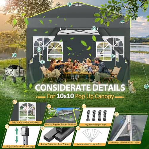 COBIZI 10x10 Pop up Canopy Tent with Sidewalls One Person Setup, Easy Outdoor Commercial Event Gazebo Shelter Enclosed Waterproof with Air Vent, 4 Sandbags for Garden,Party,Grey - color: Grey(1-year warranty), size: 10x10