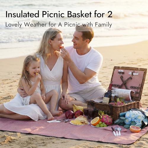 Picnic Basket Set for 2 Persons with Cooler and Waterproof Picnic Blanket, Classical Wicker Picnic Baskets with Waterproof & Sand-Proof Beach Mat,Willow Hamper Service Gift Set - size: 15.45" for 2 Persons With Cooler
