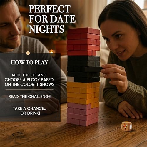 Risk or Drink - Naughty Wooden Block Tower Game for Couples, Freak or Drink 54 Challenges + Blindfold & Dice, Date Night Dares, Do or Drink, Valentine's Day