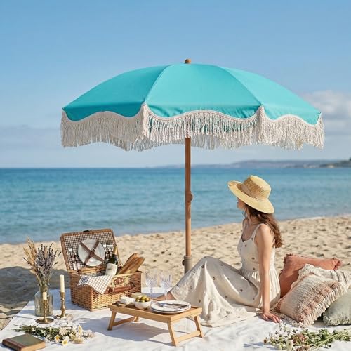 7ft Patio Umbrella with Fringe, Boho Beach Umbrellas, Outdoor Tassels Umbrellas with Push Button Tilt & Carrying Bag, 8 Windproof Fiberglass Ribs, UPF50+ - color: Light Blue