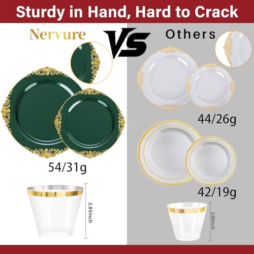 Nervure 350PCS Green Plastic Plates - Green Gold Plastic Dinnerware Sets for 50 Guests - 100 Disposable Plates, 150 Gold Silverware, 50 Cups, 50 Napkins Perfect for Wedding & Party - color: Green and Gold