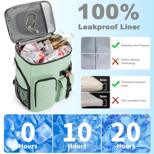 BAGPARKK Insulated Cooler Backpack,33/45 Cans Multifunctional Double Deck Leakproof Cooler Bag with Sternum Strap,Large Capacity Lightweight Travel Camping Beach Backpack - color: Mint Green, size: 33Can