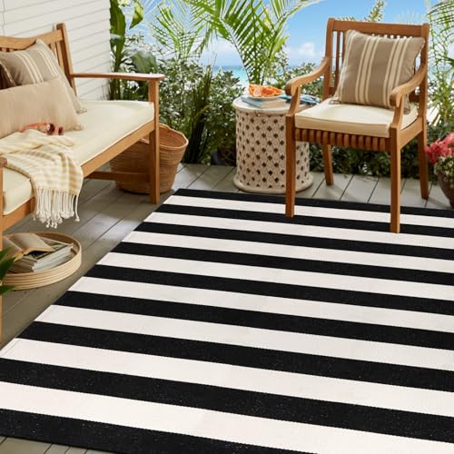 LEEVAN Black and White Outdoor Rug 4x6, Cotton Washable Outdoor Patio Rug, Black Striped Reversible Rug for Balcony Decor, Woven Entryway Rug for Layered Door Mats Porch/Front Door - color: Black and White Stripes, size: 4' x 5'11" (Rectangular)