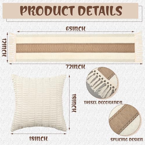 Beeveer Extra Large Outdoor Boho Picnic Blanket 91'' x 71'' Beige White Table Runner 6 Throw Pillow Cover Woven Cotton Yarn Oversize Beach Blanket Washable for Picnic Camp Wedding - color: Beige White, size: Fit 4-6 People 91'' X 71''