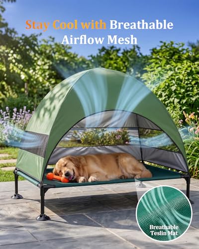 Elevated Outdoor Dog Bed with Canopy, Raised Dog Cot with Stable Adjustable Feet, Dog Camping Bed with Larger Shade, Lifted Dog Tent Bed with Canopy for Outside (Green, Large) - color: Green, size: Large