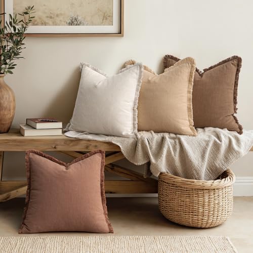 MIULEE Decorative Couch Pillow Covers Neutral Linen Fringe Throw Pillows Set of 4 Accent Rustic Cushions Boho Farmhouse Pillowcases for Bed Sofa Living Room Spring Home Decor 20x20 Inch Beige/Brown - color: Brown, size: 20" x 20" (Pack of 4)