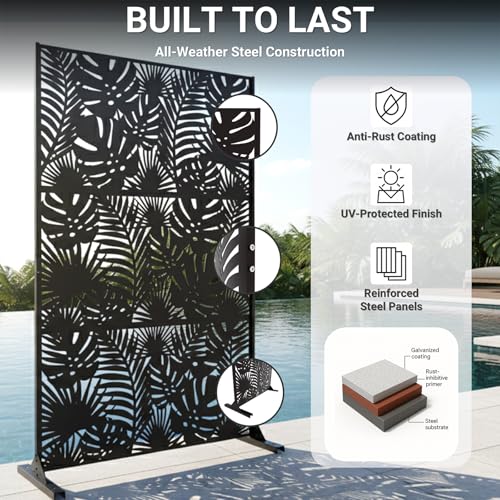 Metal Privacy Screen Outdoor – 72in Decorative Laser Cut Steel Garden Divider Panel with Tropical Leaf Design, Weatherproof Freestanding Modern Privacy Fence for Patio, Deck, Backyard & Balcony - color: Black & Tropical Plants