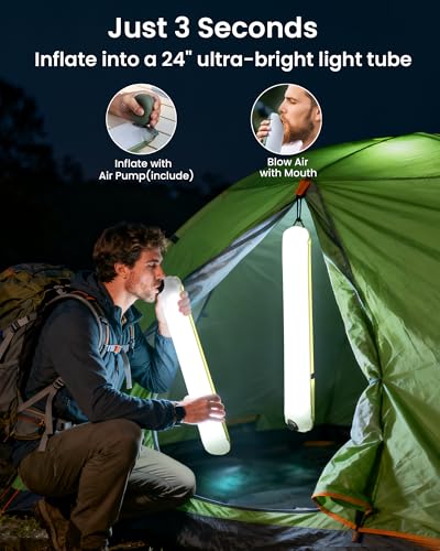 24" Inflatable Solar Camping Lantern,Magnetic LED Tube Light with USB-C 2000mAh Phone Charger,IP66 Waterproof TPU Tent Light for Hurricane Emergency,Backpacking & Off-Grid Survival (Green) - color: Green, size: 24in
