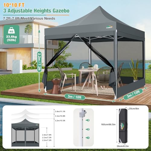 COBIZI 10x10 Canopy Tent, Heavy Duty Pop up Canopy with Sidewalls, Waterproof Easy Setup Tent with Mosquito Netting, Outdoor Instant Screen Tents for Parties, Wedding, Backyard with Carry Bag, Gray - color: Gray, size: 10x10FT