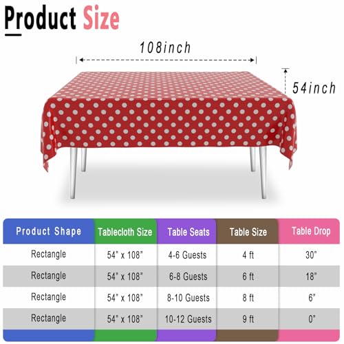2 Pack Red Polka Dot Tablecloth,Red and White Tablecloths Disposable Plastic Rectangular Picnic Table Cover,Suitable for Rectangular Tables(54 x 108 Inches) - color: Polka Dot Red, size: 54" x 108" Rectangular (2 Pack)