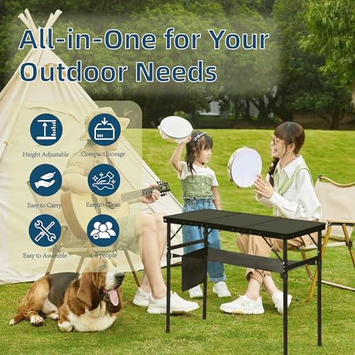 LOFTEY Folding Camping Table with 3 Adjustable Height, 3ft Foldable Aluminum Camp Table, Lightweight with Storage Bag, Portable for Outdoor, BBQ, Hiking, 34.2" x 15.7" x 27.5", Black