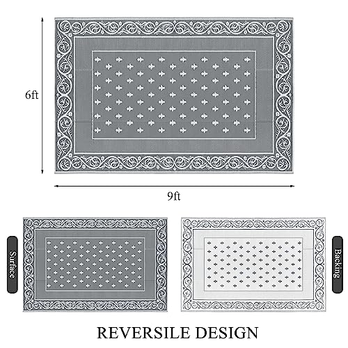 Pauwer Waterproof Outdoor Rug 6x9, Reversible Plastic Straw Patio Camping Rug, Indoor Outdoor RV Mat Carpet for Deck, Camper, Porch, Balcony, Backyard, Picnic, Bordered Grey - color: Bordered Grey, size: 6' x 9' (Rectangular)
