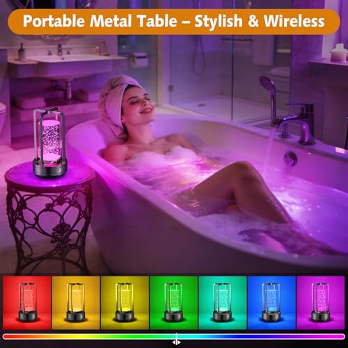 Portable Table Lamp for Outdoor Indoor: Cordless Rechargeable Desk Lamp with 10 Colors - Shower Lamp with Stepless Dimmable - Metal Battery Operated Lantern Light for Bedroom/Bar/Coffee Shop/Camping - color: Black Bubble+RGB