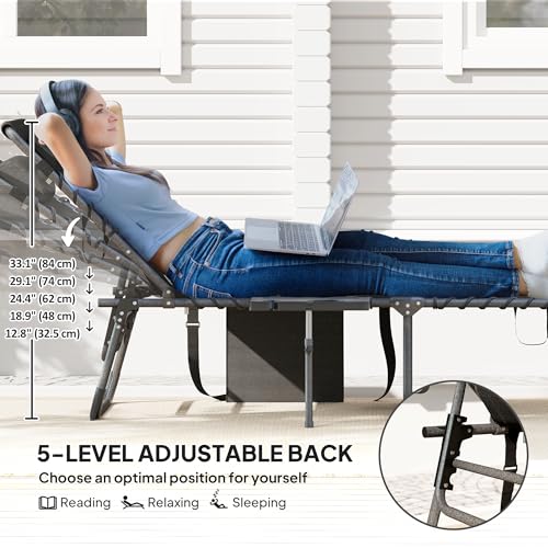 Outsunny Folding Chaise Lounge Chair Outdoor Tanning Chair with Side Table, 5-Level Adjustable Beach Lounge Chair with Headrest, Side Pocket for Patio, Backyard, Beach, Poolside, Black - color: Black
