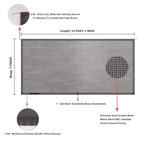 Tentproinc RV Awning Sun Shade Screen 7' X 14' 3'' (Fit for 15' Awning) Mesh Sunshade UV Blocker Complete Kits Motorhome Camping Trailer Awning Sunscreen - 3 Year Warranty (Brown) - color: Brown, size: 7' x 14'3'' -Actual Measurement