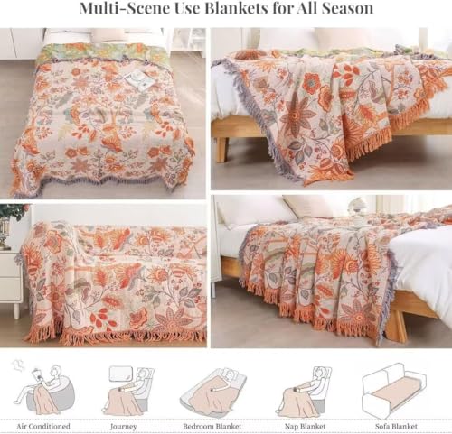 Boho Throw Blanket for Bed 100% Cotton Bohemian Blankets Ultra Soft Woven Muslin Decorative Blankets All Seasons Vintage Quilt Knitted Blanket for Sofa Chair(Orange, 50"x60") - color: D-orange, size: 50"x60"