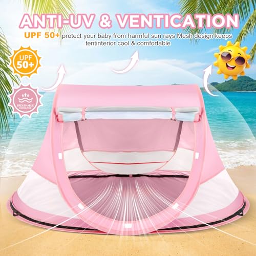 Baby Beach Tent, Pop Up Beach Tent Sun Shade for Beach, UPF 50+ UV Protection Sun Shelters for Infants with Carry Bag for Outdoor Travel, Camping(Pink) - color: Pink