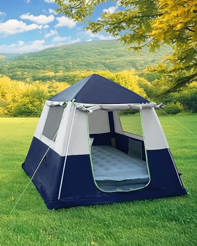CORANI 14.1'x6.5'x9' Inflatable Tents for Camping, Portable 6/8/10 Person Blow Up Air Tent, Waterproof Windproof Easy Setup Large Family Tent with 2 Doors, 6 Windows, Mosquito Screen - color: Navy Blue, size: 4 person 7.5x7.5ft