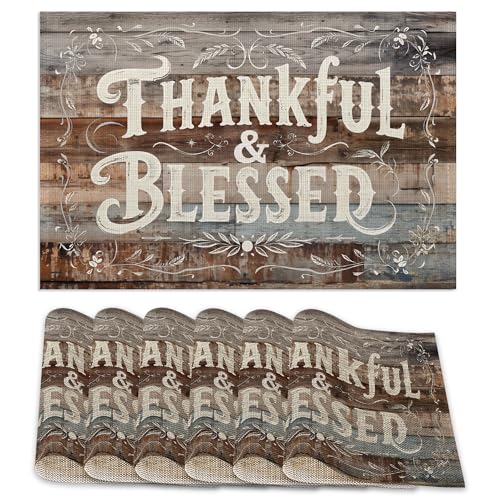 Thankful Blessed Placemats Set of 6,Vintage Wood Board Placemats Washable Kitchen Dining Linen Table Mats Stain Heat-Resistant for Home Party Indoor 12x18 inch - color: Thankful,blessed,vintage Wood Board
