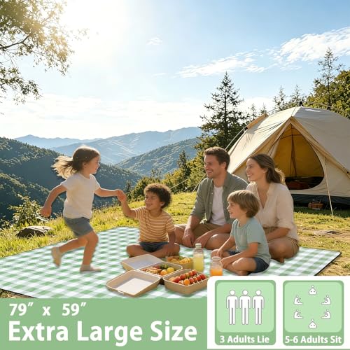 Large Cute Gingham Picnic Blanket Outdoor Camping Picnic Mat Foldable Waterproof Sand Proof Beach Blanket 77"X58" Portable Rug for Picnics Beach Lawn Grass Hiking Concerts Tent Play Mat, Green & White - color: Green & White Gingham