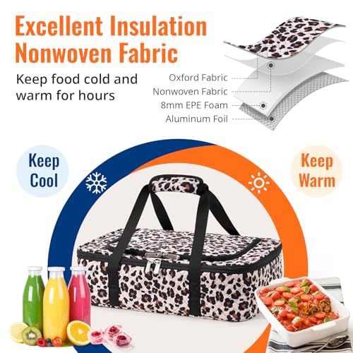 Insulated Casserole Carrier - Portable Casserole Carrier for Hot or Cold Food, Lasagna Holder for Parties,Picnic,Cookouts,Traveling - Fits 9" x 13" Baking Dish (Leopard Print) - color: Leopard