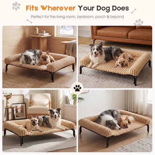 Elevated Dog Bed with Removable Fluffy Pillow Cushion, Raised Pet Cot Washable Bolster, Dog Couch Sofa, Anti Slip Feet, Breathable Mesh, Khaki, 43"×32" - color: khaki, size: L(43"×32"×8")
