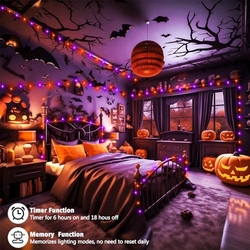 2 Pack Halloween Fairy Lights Plug in, 33Ft 100 LED Micro Starry String Lights with Remote Timer 8 Modes, IP68 Full Waterproof Twinkle Lights for Indoor Halloween Decor (Orange Purple) - color: Orange Purple