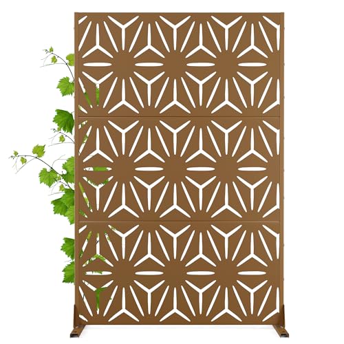 Modern Metal Privacy Screen, Patio Outdoor Privacy Panels with Stand, Freestanding Outdoor Divider for Yard, Deck＆Garden(71.3"*47.3"*15.7") - color: Brown,Star