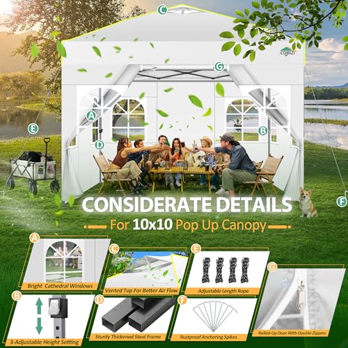 COBIZI 10x10 Pop up Canopy Tent with Sidewalls,One Person Setup, Waterproof,3 Adjustable Height,Outdoor Commercial Gazebo with Air Vent, Reflective Strip,4 Sandbags for Garden,Party, Beach,White - color: White, size: 10x10