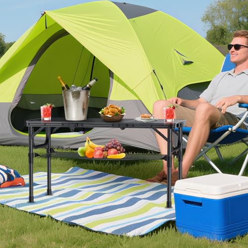 Anbte Folding Camping Table with Storage Net, 3ft Camping Table Aluminum Folding Table with 3 Adjustable Height Max 27.5 Inch Picnic Table Portable Table for Outdoor Backyard BBQ, Pure Black - color: Pure Black