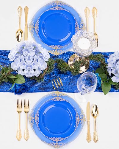 Nervure 350PCS Blue Plastic Plates - Blue Plastic Dinnerware Sets for 50 Guests - 100 Disposable Plates, 150 Gold Silverware, 50 Cups, 50 Napkins for Wedding & Party - color: Transparent Blue
