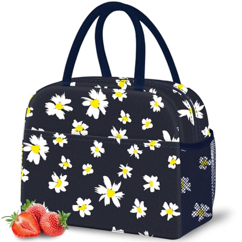 DALINDA Lunch Bag Lunch Box for Women Men Reusable Insulated Cooler Lunch Tote Bags, Leakproof Cute LunchBag Large Capacity for Work Travel Picnic, Daisy - color: Navy Daisy, size: Oxford cloth
