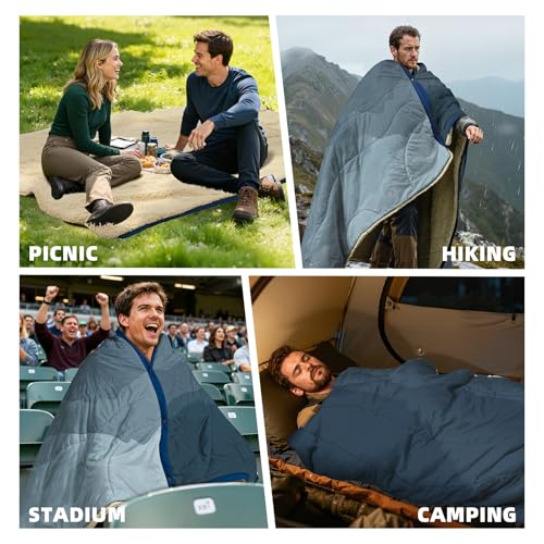 Outdoor Camping Blanket with Sherpa Lining, Extra Warm Thick Camp Blankets and Puffy Ultralight Soft Poncho DWR Camping Quilt for Cold Weather, Adventure, Sleeping, Backpacking 78"x 56" - color: Blue Cloud Valley, size: 78 x 56 inches