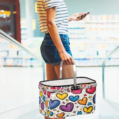 Colorful Heart Picnic Basket Large Collapsible Market Baskets Portable Reuasble Shopping Bags with Handles for Camping Beach Travel - color: Green