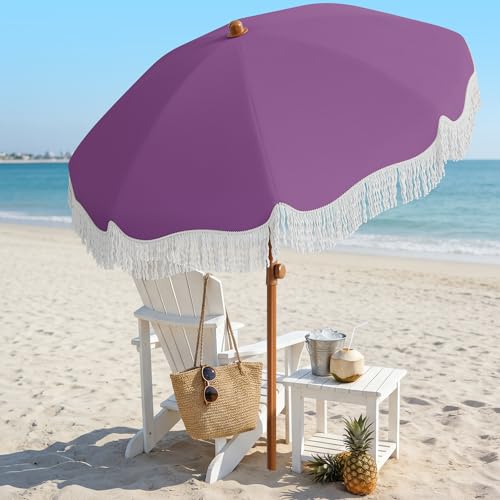 AreShark 7ft Patio Umbrella with Fringe, UPF50+ Beach Umbrella for Table, Pool & Garden, Portable Outdoor Tassels Umbrella w/Fiberglass Ribs&Push Bottom Tilt(Lavender) - color: Lavender, size: 7FT