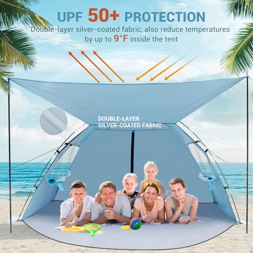 Elegear CumbreX™ Beach Tent Sun Shelter with Canopy, 6-8 Person Beach Tent, Easy Setup UPF 50+ UV Protection Portable Lightweight Double Silver Coating Cabana Sun Shade Shelter - Sky Blue - color: Sky Blue, size: 6-8 Person