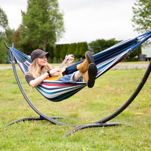 SUNCREAT Hammocks for Outside with Stand, Porch Hammock and Stand, 475 lbs Capacity, Blue & Red Stripes - color: Blue Red